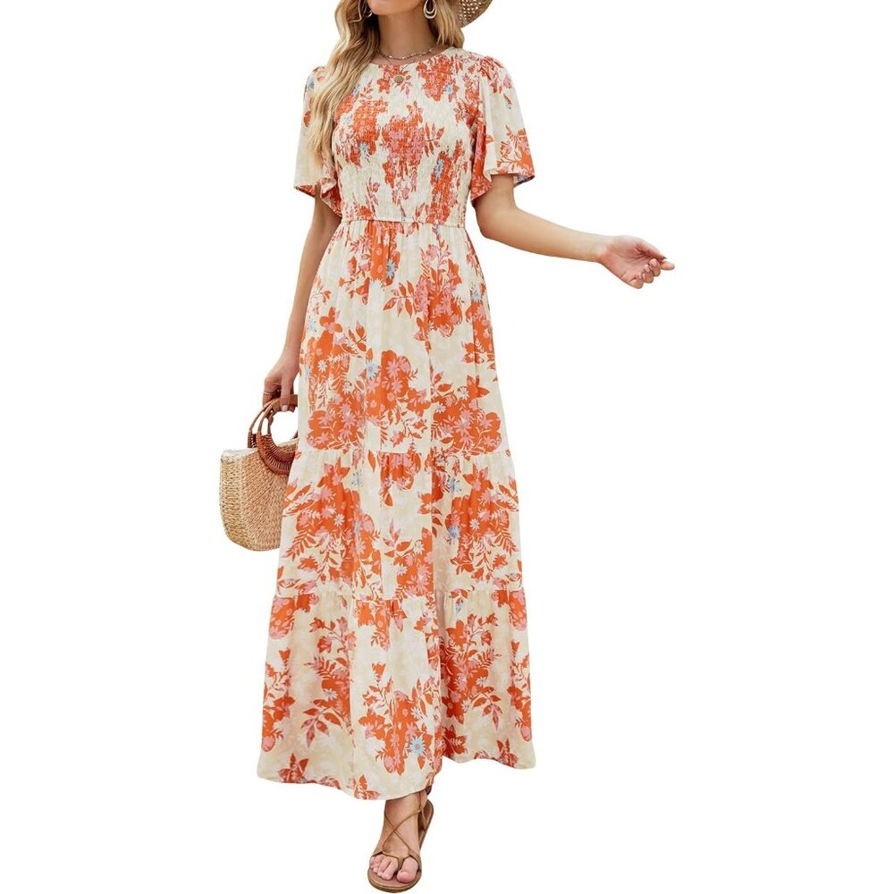 Women's Orange Summer Casual Floral Print Short Flutter Sleeve Flowy Maxi Dress